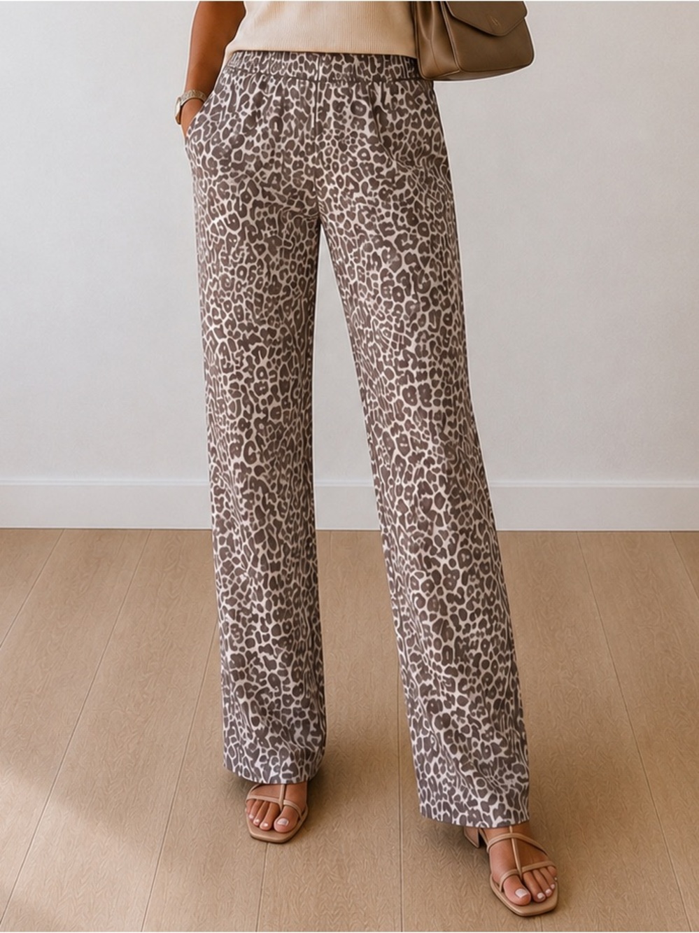 NWOT &Other Stories Taupe Beige Leopard Print Pull On Satin Wide Leg Pants US 10